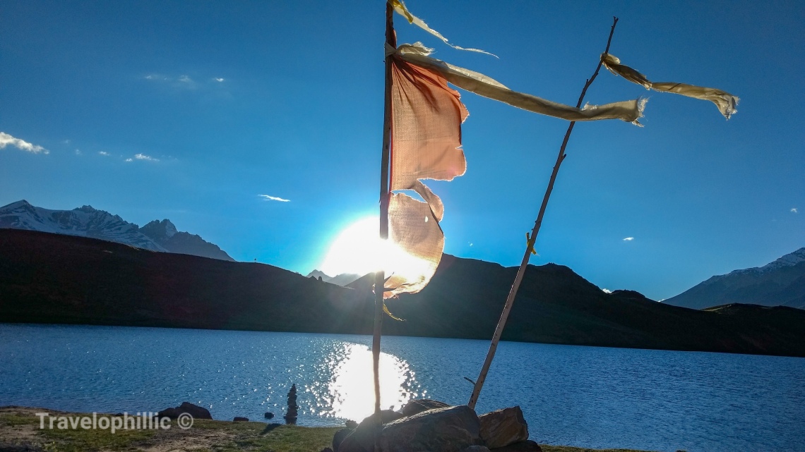 Prayer Flag fluttering in Chandra Taal Lake 
